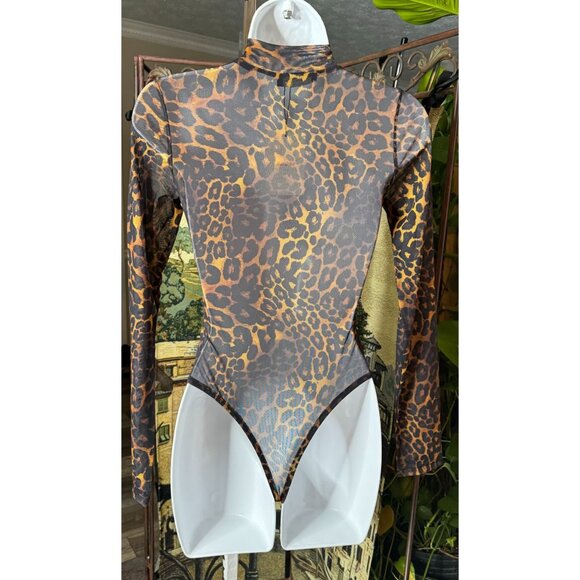 Bershka Leopard Print Mesh Bodysuit Long Sleeve High Neck - Picture 2 of 12